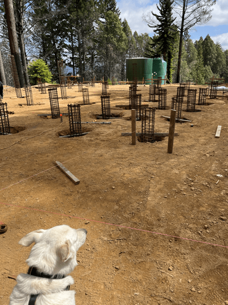 Construction site with rebar rising from holes